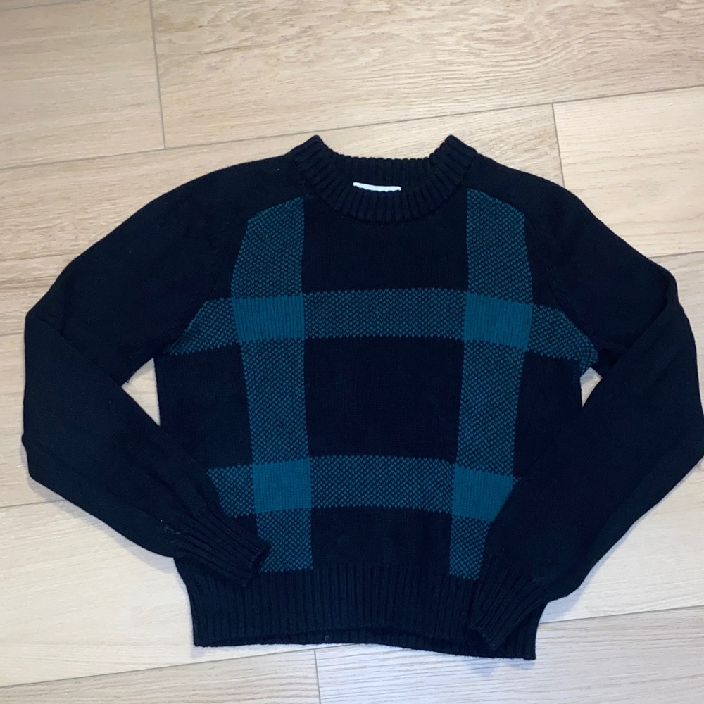 Plaid Crew Neck Sweater - Black and Green